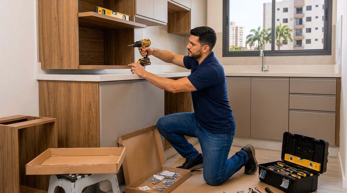 Profissional realizando montagem de armário de cozinha
