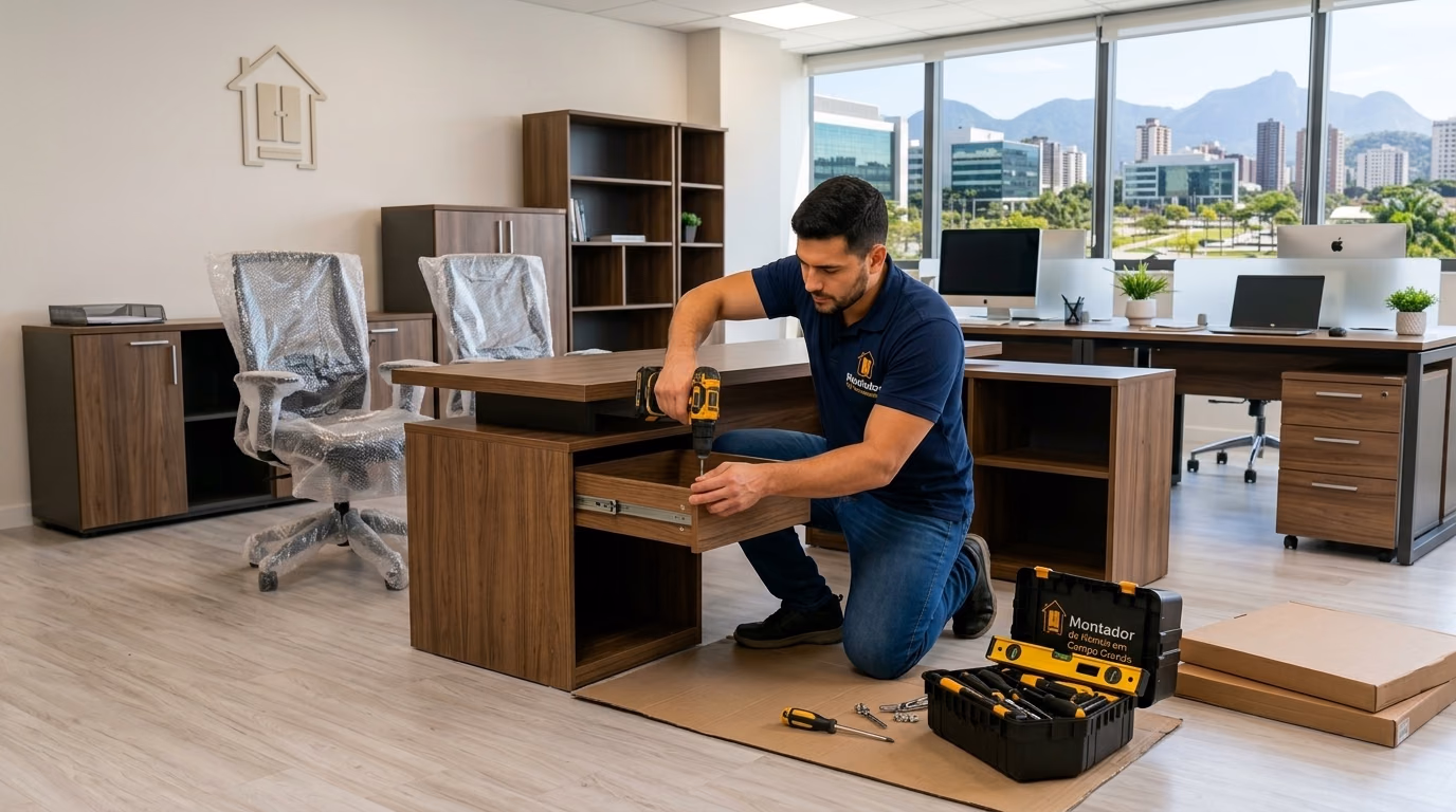 Montador ajustando mesa e gaveteiro de escritório
