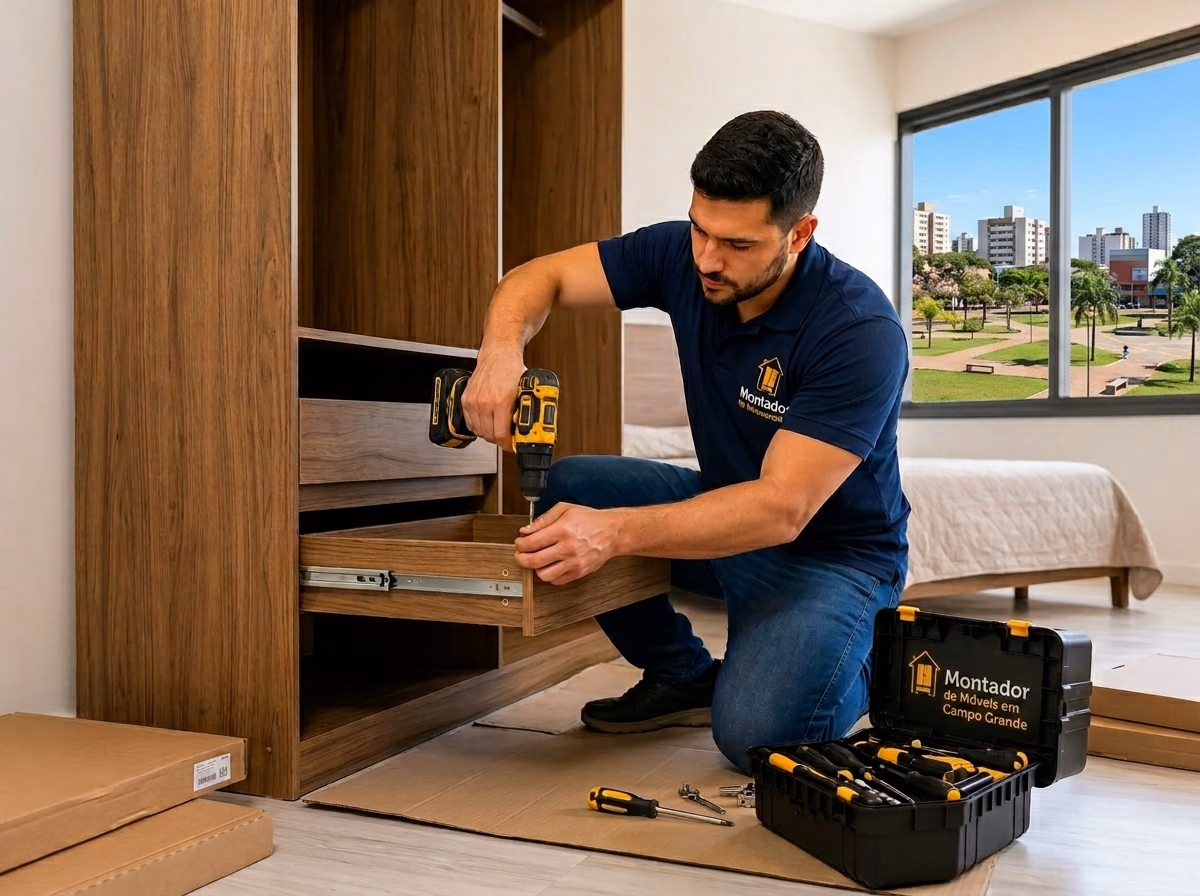 Profissional montando gaveta de guarda-roupa em um quarto