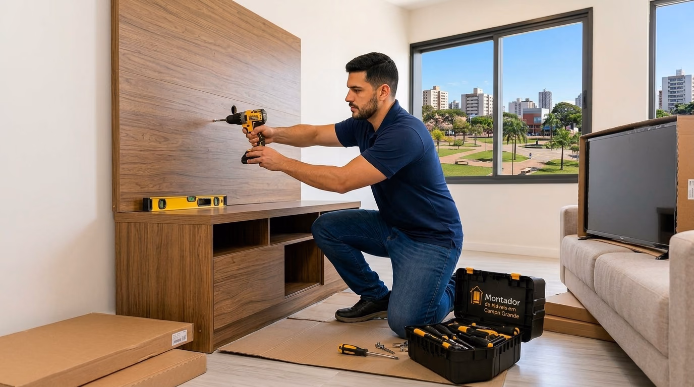 Montador instalando painel e rack de madeira para sala